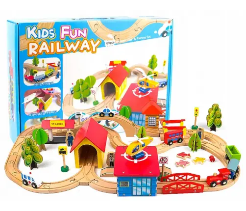 Wooden Train Track Cars Trees Buildings