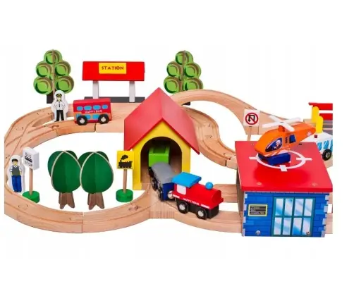 Wooden Train Track Cars Trees Buildings