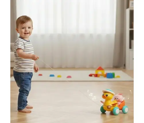 WOOPIE BABY Żółta Kaczuszka z Różowym Króliczkiem w Przyczepce do Ciągnięcia