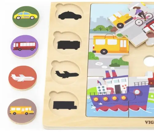 Viga 44742 Zestaw puzzli na podkładce- dopasuj cienie - środki transportu