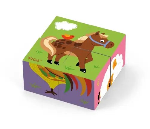 Viga 50835 4Pcs 6-Side Cube Puzzle - Farm Animals