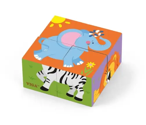 Viga 50836 4Pcs 6-Side Cube Puzzle - Wild Animal