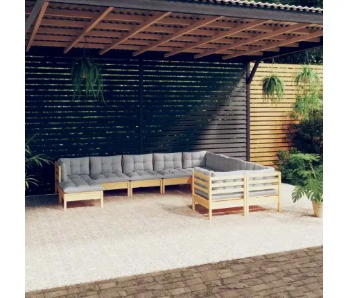 10-Daļīgs Dārza Mēbeļu Komplekts Ar Pelēkiem Matračiem, Priede Vidaxl