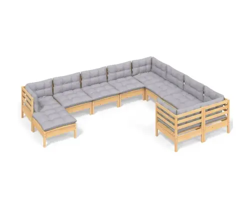 10-Daļīgs Dārza Mēbeļu Komplekts Ar Pelēkiem Matračiem, Priede Vidaxl