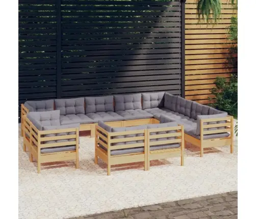 12-Daļīgs Dārza Mēbeļu Komplekts Ar Pelēkiem Matračiem, Priede Vidaxl