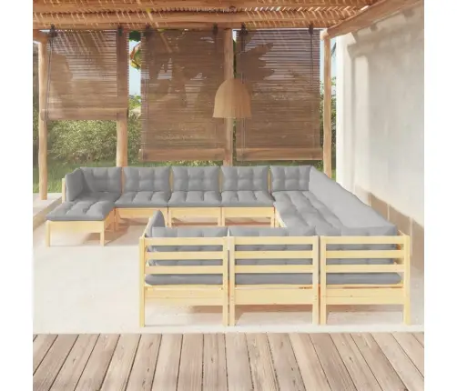 12-Daļīgs Dārza Mēbeļu Komplekts Ar Pelēkiem Matračiem, Priede Vidaxl