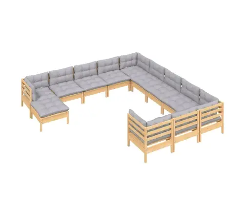 12-Daļīgs Dārza Mēbeļu Komplekts Ar Pelēkiem Matračiem, Priede Vidaxl