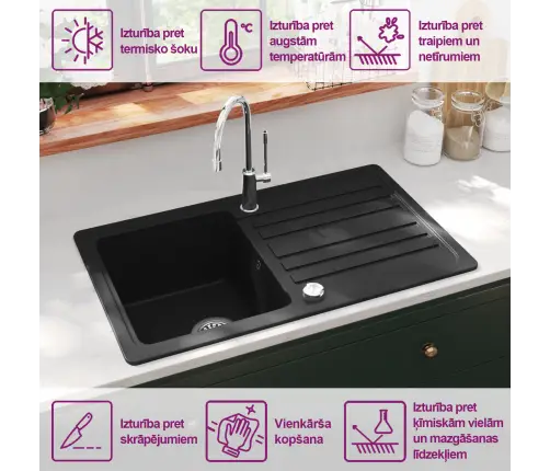 Pööratav Graniidiist Köögivalamu, Must