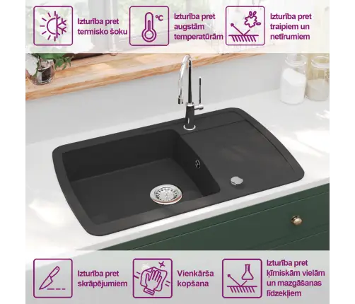 Virtuves Izlietne, Viena Bļoda, Melna, Granīts Vidaxl