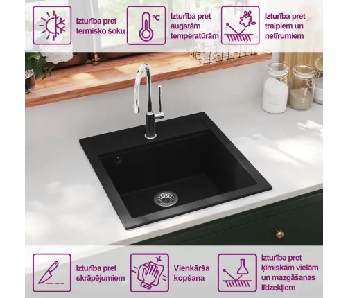 Virtuves Izlietne, Viena Bļoda, Melna, Granīts  Vidaxl