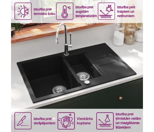 Kahepoolne Köögivalamu, Graniit, Must