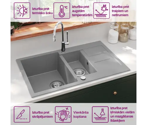 Virtuvinė Plautuvė, Granitas, Du Dubenys, Pilka