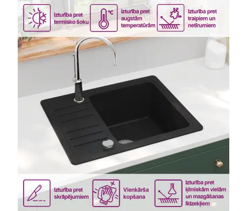 Virtuvinė Plautuvė, Granitas, Vieno Dubens, Juoda