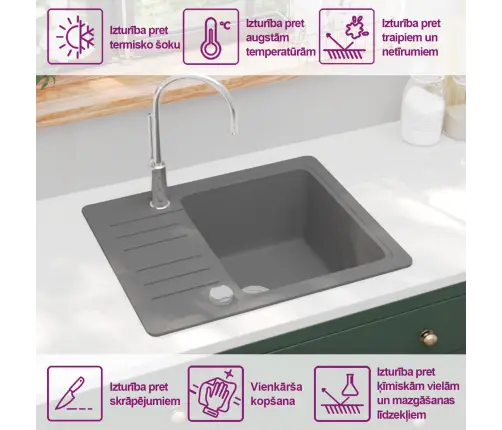 Virtuvinė Plautuvė, Granitas, Vieno Dubens, Pilka