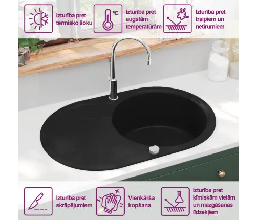 Ühepoolne Köögivalamu, Graniit, Ovaalne, Must