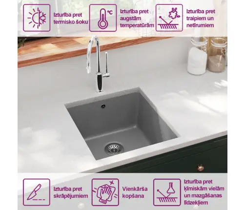 Virtuves Izlietne, Viena Bļoda, Pelēka, Granīts Vidaxl