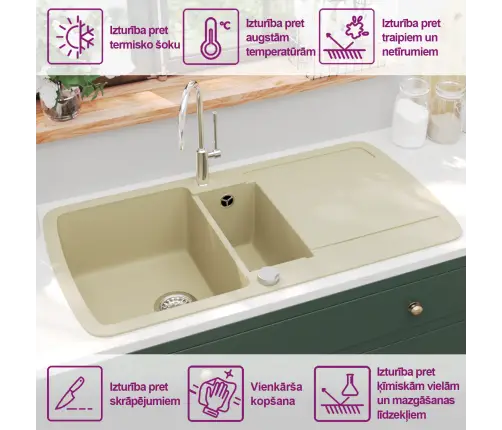 Virtuves Izlietne, Divas Bļodas, Bēša, Granīts Vidaxl