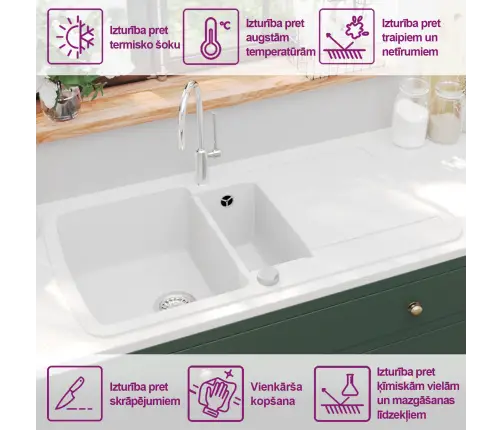 Virtuves Izlietne, Divas Bļodas, Balta, Granīts Vidaxl