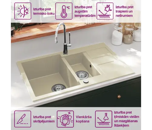 Virtuves Izlietne, Divas Bļodas, Bēšs Granīts Vidaxl