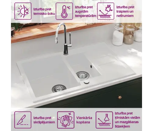 Virtuves Izlietne, Divas Bļodas, Balts Granīts Vidaxl