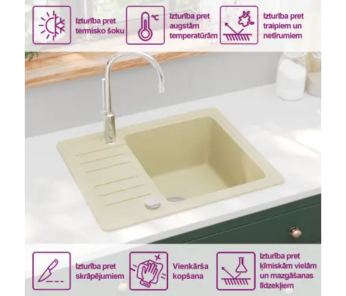 Virtuves Izlietne, Viena Bļoda, Bēšs Granīts Vidaxl