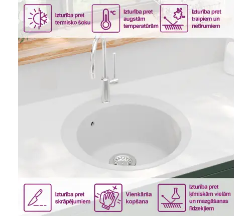 Apaļa Virtuves Izlietne, Viena Bļoda, Balts Granīts Vidaxl