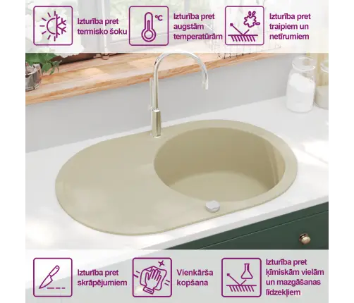 Ühepoolne Köögivalamu, Graniit, Ovaalne, Beež