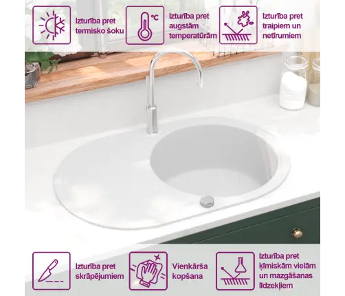 Ovāla Virtuves Izlietne, Viena Bļoda, Balts Granīts Vidaxl