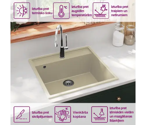 Virtuves Izlietne Ar Noteci, Bēšs Granīts Vidaxl