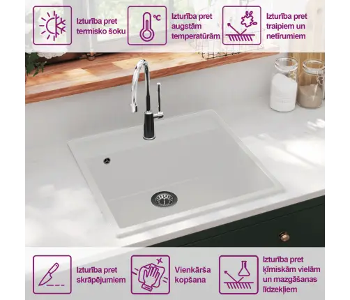 Virtuvės Plautuvė Su Anga Nuo Persipildymo, Balta, Granitas