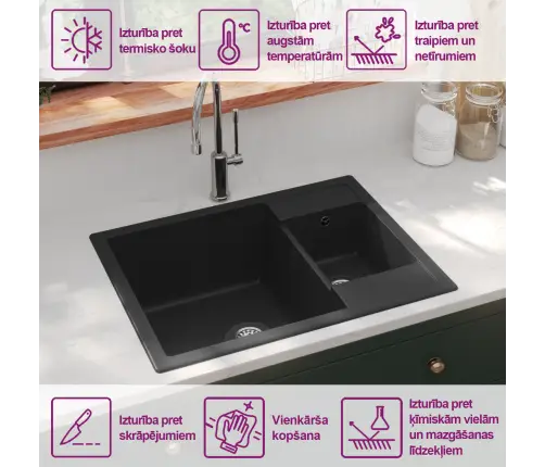 Virtuves Izlietne Ar Noteci, 2 Bļodas, Melns Granīts Vidaxl