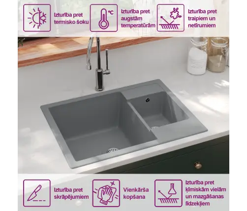 Virtuves Izlietne Ar Noteci, 2 Bļodas, Pelēks Granīts Vidaxl