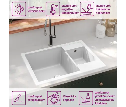 Köögivalamu Ülevooluavaga, Kaks Kraanikaussi, Valge, Graniit