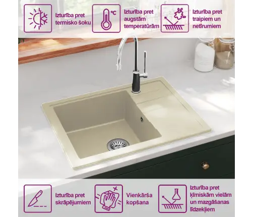 Virtuves Izlietne Ar Noteci, Bēšs Granīts Vidaxl