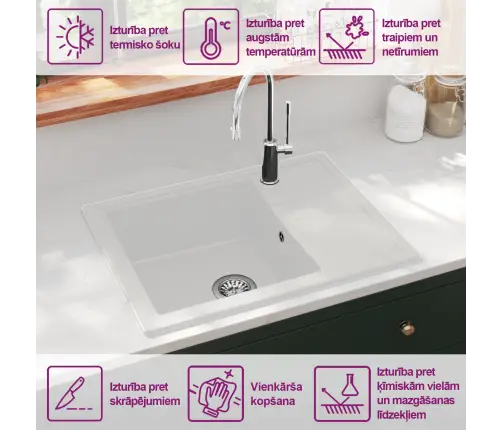 Virtuves Izlietne Ar Noteci, Balts Granīts Vidaxl