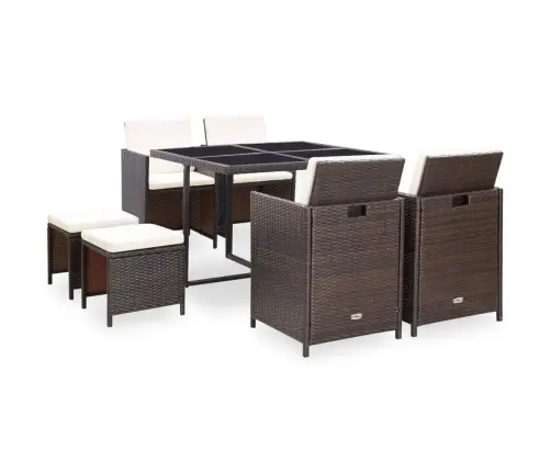 9-Daļīgs Dārza Mēbeļu Komplekts Ar Matračiem, Pe Pinums, Brūns Vidaxl