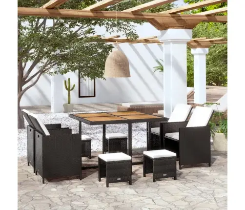 9-Daļīgs Dārza Mēbeļu Komplekts, Pe, Akācijas Masīvkoks, Melns Vidaxl