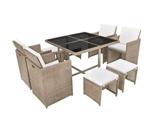 9-Daļīgs Dārza Mēbeļu Komplekts Ar Matračiem, Pe Pinums, Bēšs Vidaxl