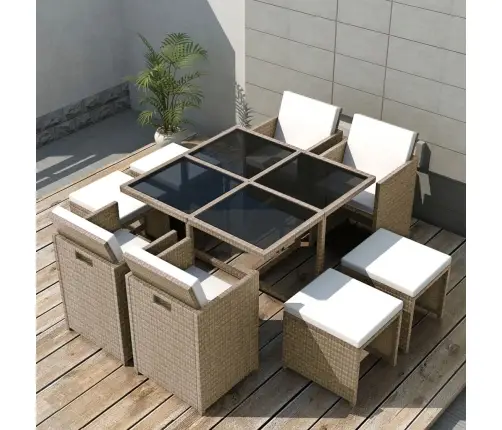 9-Daļīgs Dārza Mēbeļu Komplekts Ar Matračiem, Pe Pinums, Bēšs Vidaxl