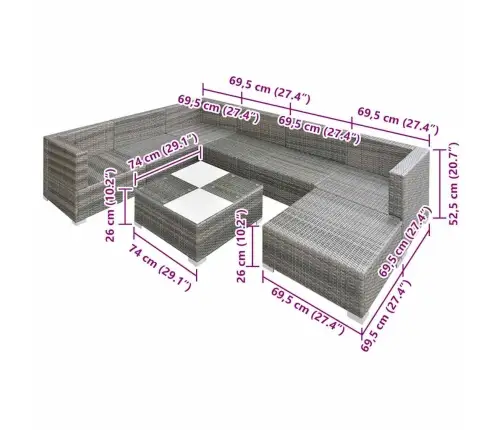 8-Daļīgs Dārza Atpūtas Mēbeļu Komplekts Ar Matračiem, Pelēks Pe Vidaxl