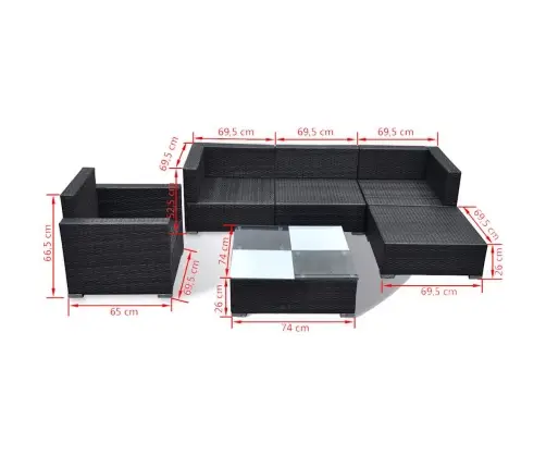 6-Osaline Aiamööblikomplekt Patjadega, Polürotang, Must