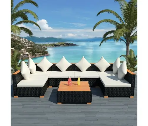 7-Osaline Aiamööblikomplekt Patjadega, Polürotang, Must
