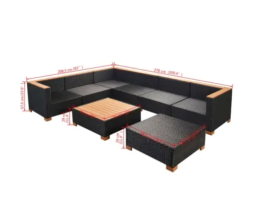 8-Daļīgs Dārza Atpūtas Mēbeļu Komplekts Ar Matračiem, Pe, Melns Vidaxl