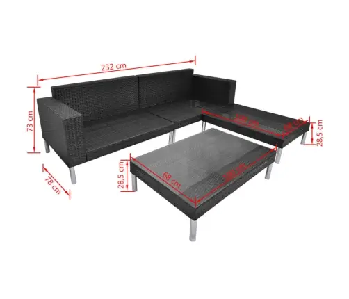 4-Osaline Aiamööblikomplekt Patjadega, Polürotang, Must