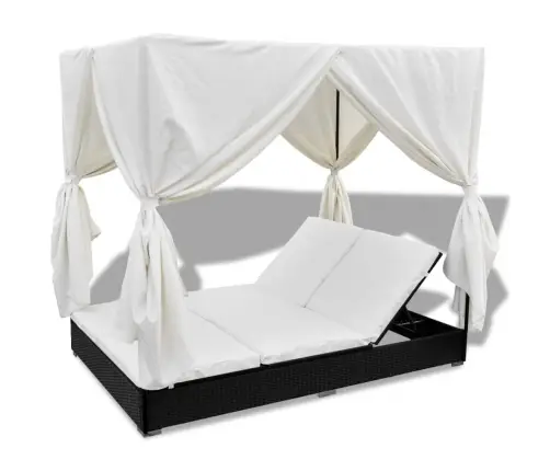 Dārza Atpūtas Gulta Ar Aizkariem, Melna Pe Rotangpalma Vidaxl