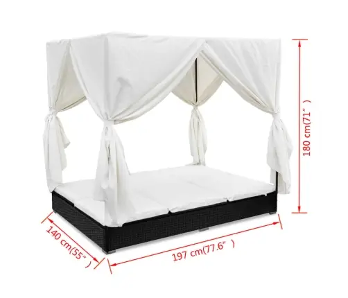 Dārza Atpūtas Gulta Ar Aizkariem, Melna Pe Rotangpalma Vidaxl