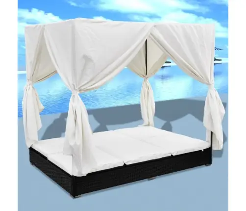 Dārza Atpūtas Gulta Ar Aizkariem, Melna Pe Rotangpalma Vidaxl