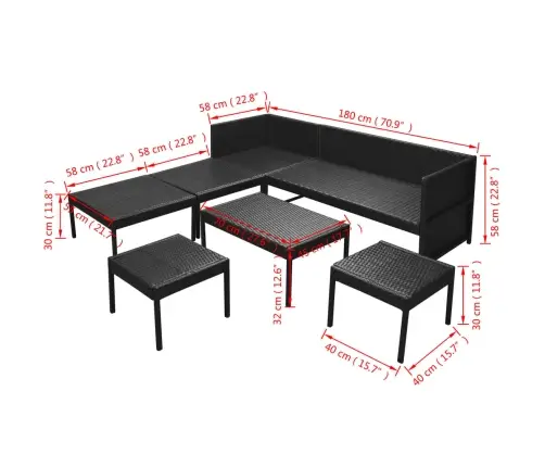 6-Daļīgs Dārza Atpūtas Mēbeļu Komplekts Ar Matračiem, Pe, Melns Vidaxl