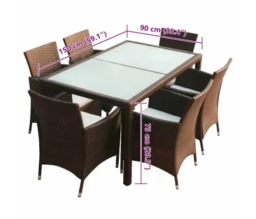 7-Daļīgs Dārza Mēbeļu Komplekts Ar Matračiem, Pe Pinums, Brūns Vidaxl