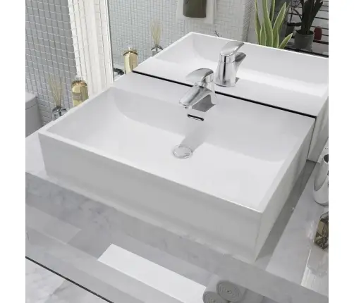 Izlietne Ar Krāna Caurumu, 60,5X42,5X14,5 Cm, Balta Keramika Vidaxl